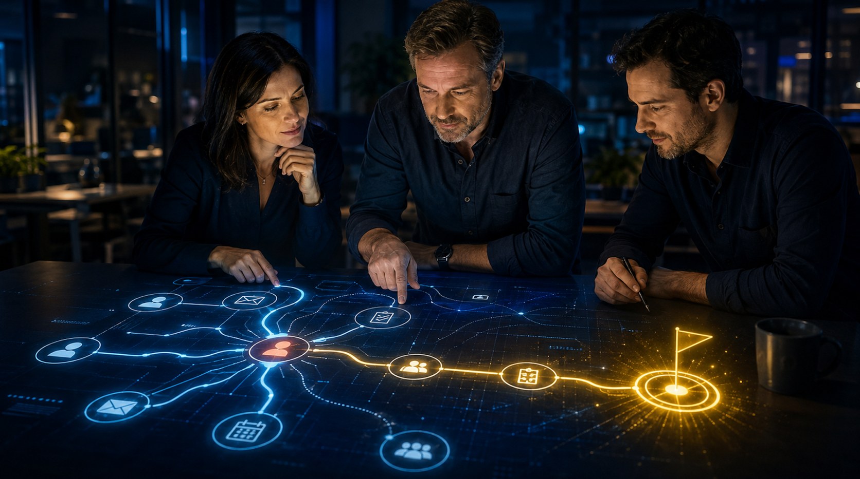 Business owner and team mapping operational bottlenecks and a clear path to improvement.